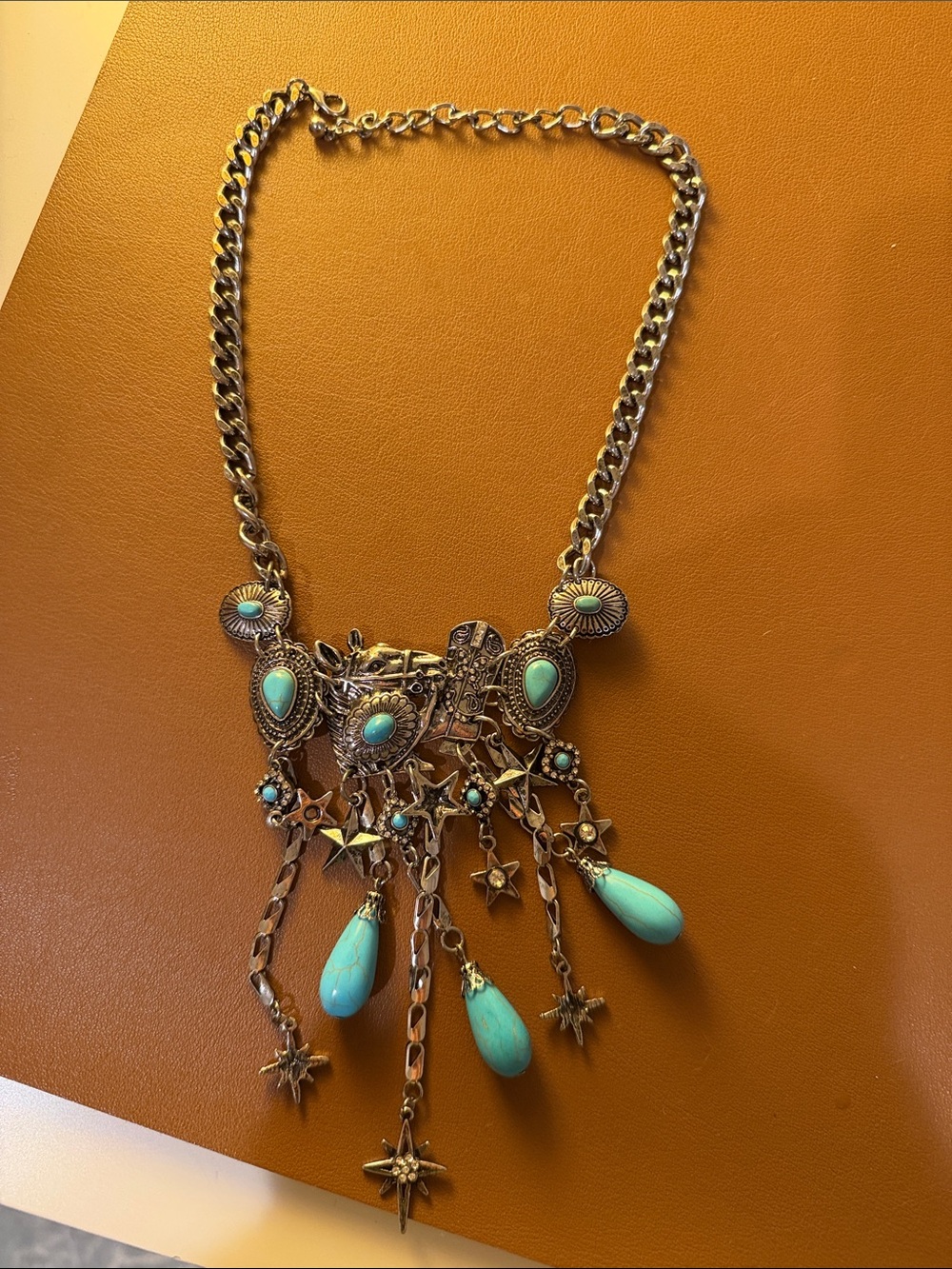 Turquoise Teardrop Statement Necklace in Antique Gold